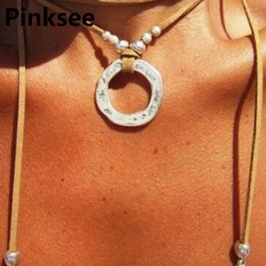 Женское длинное ожерелье бохо из замшевой кожи колье чокер сплава с круглыми