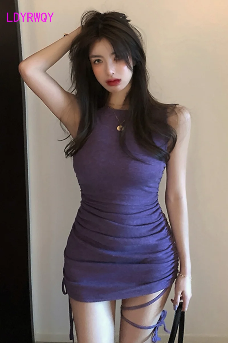 

The new summer round neck drape drawstring sleeveless hip wrap sexy slim elastic vest dress