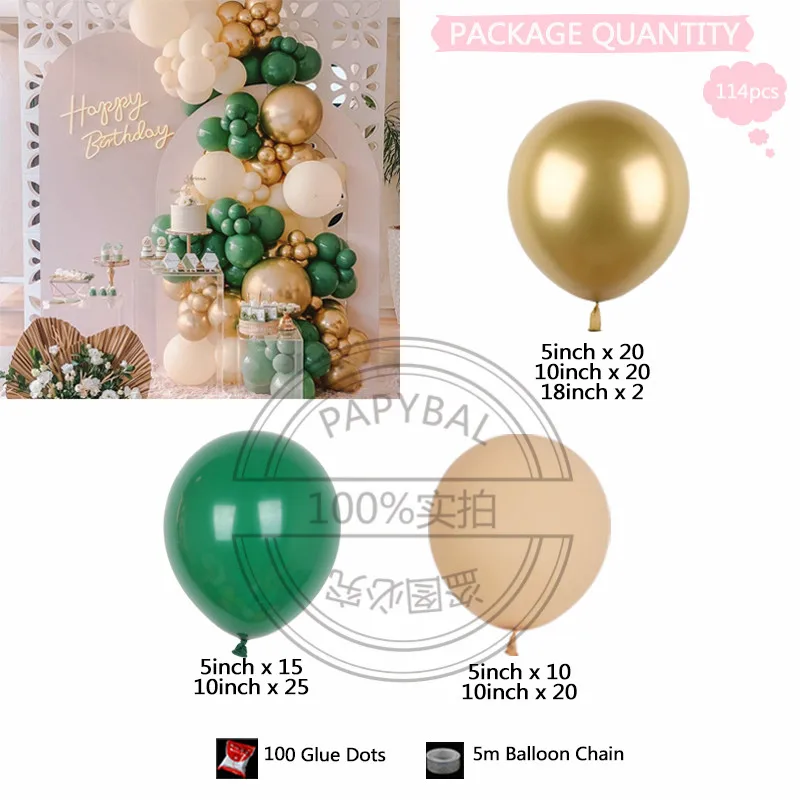 114pcs Green Balloon Arch Garland Kit Birthday Party Decoration Chrome Gold Latex Ballons For Wedding Baby Shower Decors Globos - купить по