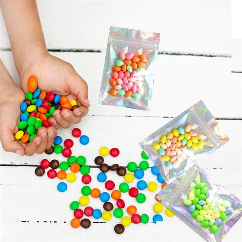 100Pcs Plastic Ziplock Bag Aluminum Foil Hologram Small Water Proof Zipper Reclosable Pouches Makeup Food Storage Zip Lock Bags - купить по
