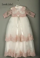 long sleeve christening gowns for baby girls pink lace appliqued beads baptism dresses with bonnet first holy communion dresses