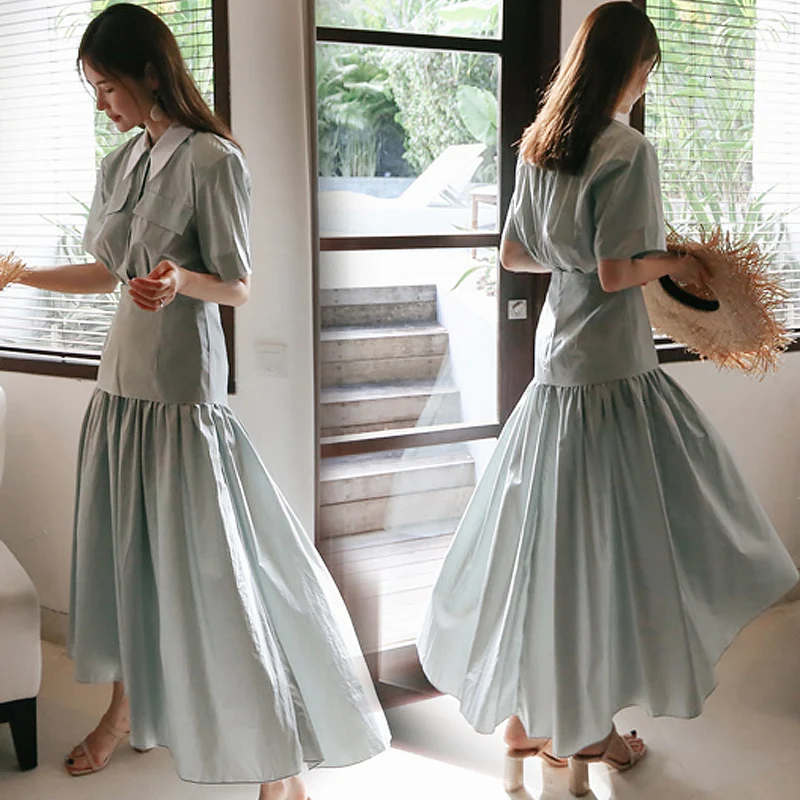 Корейское летнее новое женское длинное платье хлопковое приталенное с высокой