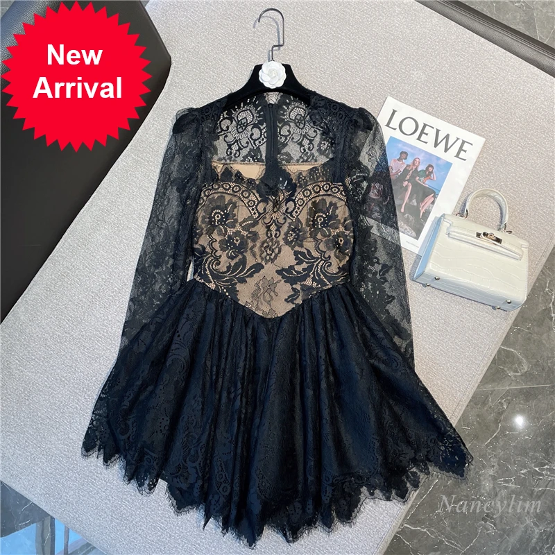 

Women's Sexy Lace Dress New Socialite Square Collar Tight Waist Slim Big Swing Mini Dresses Ladies Vestidos White Black 2022