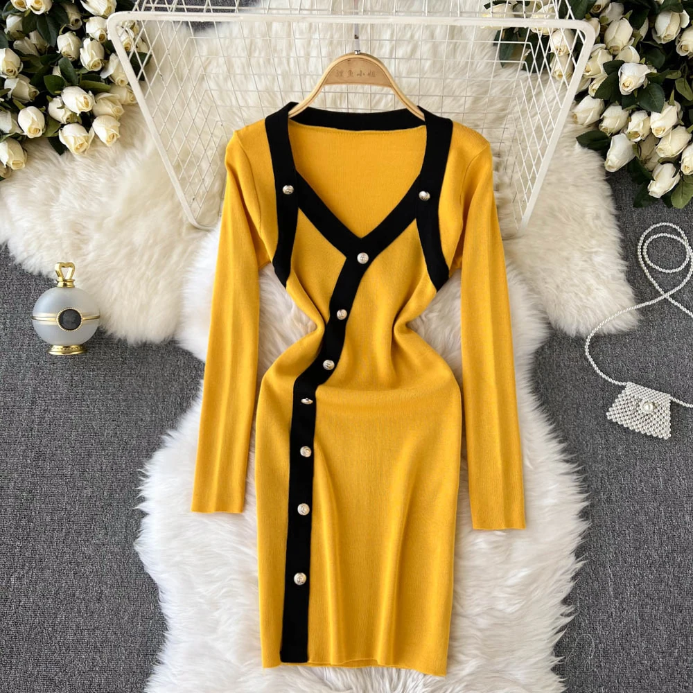 

C095 Women New Fashion Autumn V-neck Elastic Tight Knit Sweater Pullover Dress Slim Bag Hip Long Sleeve Casual Vestidos