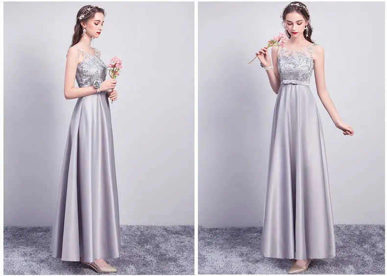 Серое элегантное платье подружки невесты для свадьбы с поясом без рукавов длиной