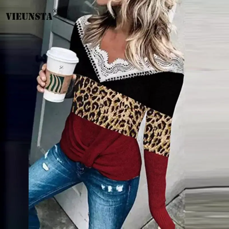 

Color Block Lace V-Neck Long Sleeves Casual Blouses Women Elegant Long Sleeve Rib Tops Pullover Spring Autumn Office Lady Shirts