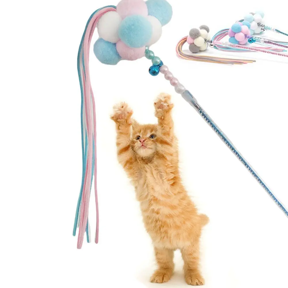 

Дразнилка для кошек, палочка с бусинами, искусственная красочная палочка с кисточкой и помпоном и колокольчиком, товары для домашних животн...