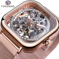 forsining rose golden automatic square men watch skeleton mesh stainless steel band self wind mechanical wristwatch 2019 relogio