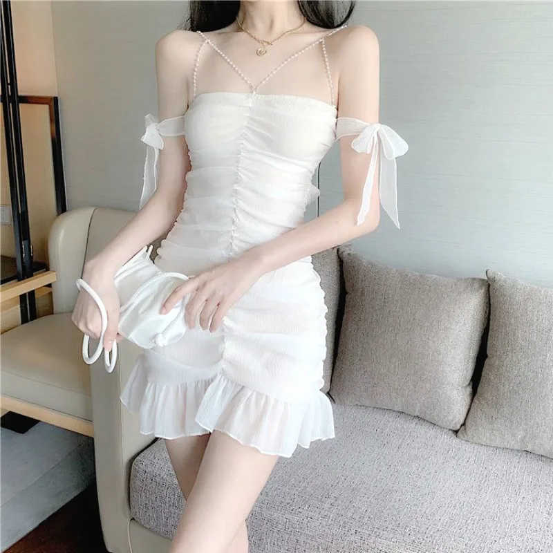 

Elegant Dress Women White Sexy Backless Beaded Sling Mini Dress Summer Casual Sleeveless French Party Night Dress Women 2021