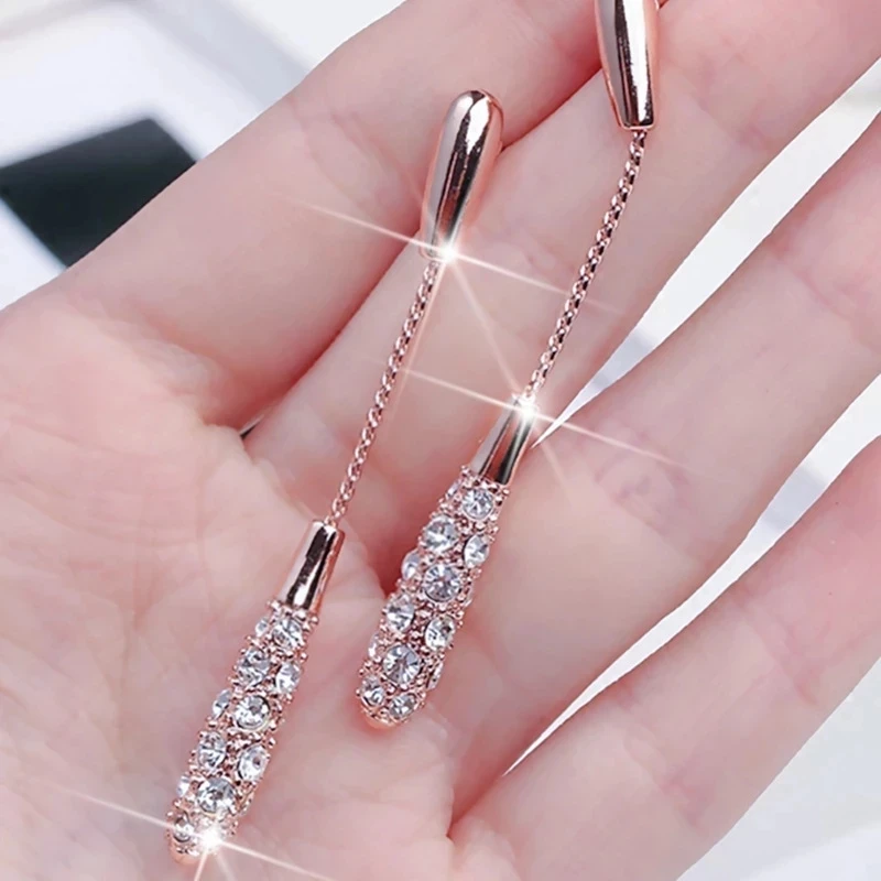 

Rose Gold / Silver Color Earrings Long Crystal Waterdrop CZ Earring Party Jewelry Wholesale For Women Gift