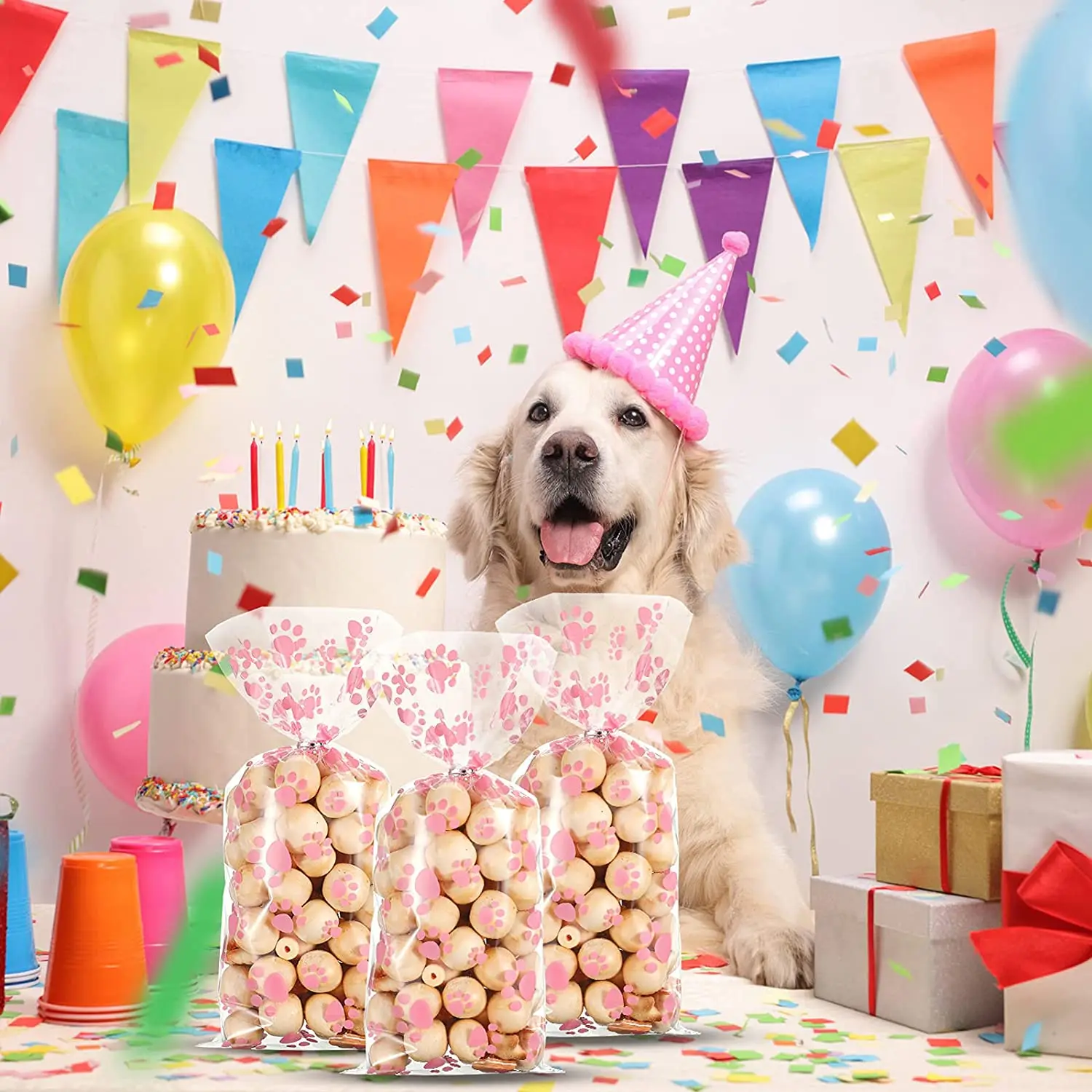 Розовые пакеты для домашних питомцев с принтом лап целлофановые термостойкие