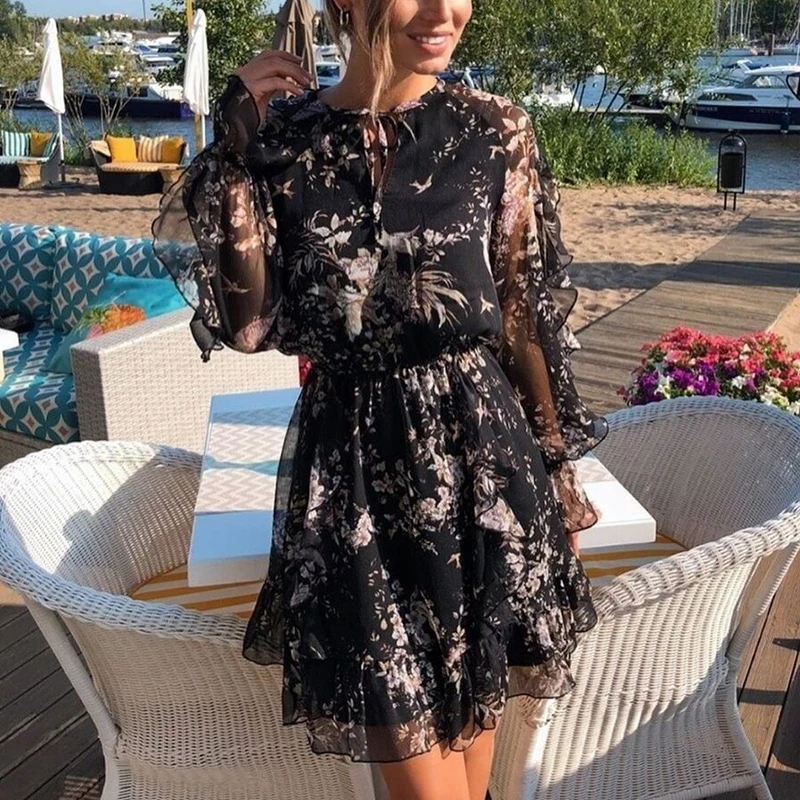 Элегантное мини платье с цветочным принтом для женщин круглым вырезом на