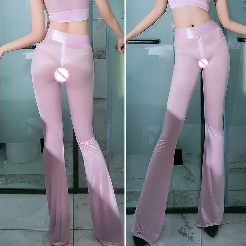 

Sexy Shiny Zipper Open Crotch Flare Pants Hollow Out Crotchless Smooth Sexy Hips Capris High Waist See Through Sexy Pants F20