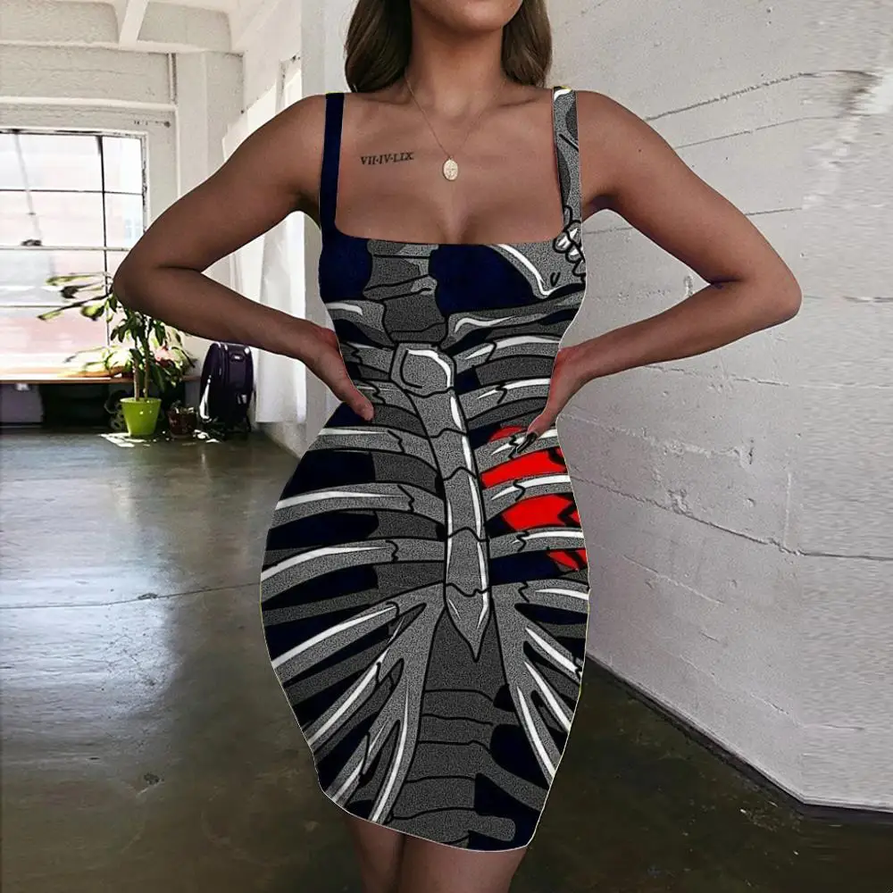 

KYKU Skull Dress Women Skeleton 3d Print Broken Heart Ladies Dresses Rock Bodycon Dress Womens Clothing Plus Size Beach
