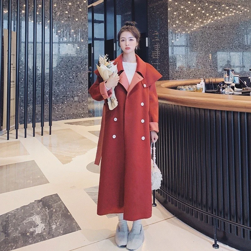 Женский Осенний длинный шерстяной тренчкот из смешанной шерсти модная женская