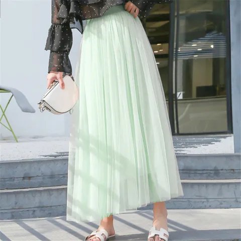 2022 Autumn Winter Vintage Tulle Skirt Women Elastic High Waist Mesh Skirts Long Pleated Tutu Skirt Female Jupe Longue Fashion