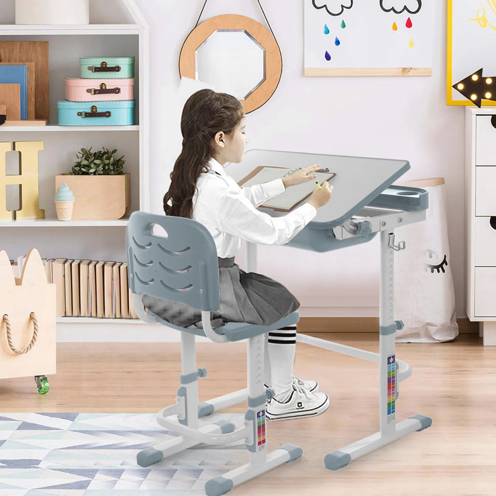 

Height Adjustable Kids Study Desk And Chair Set With Pull Out Drawer Tilted Desktop Children Writing Activity Art Table