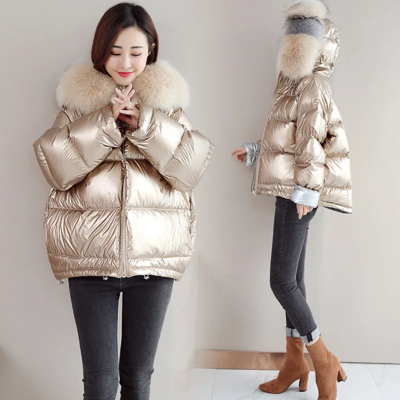 Модный зимний плотный женский хлопковый пуховик с капюшоном и большим меховым