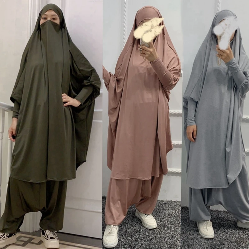 

Ramadan Muslim modest outfit for women prayer garment jilbeb with pant Abaya Dubai femme musulman 2 pieces islamic clothes niqab