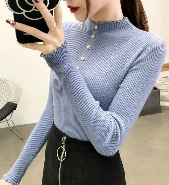 

New women's slim ruffled half high neck knitted bottoming long sleeve sweater top