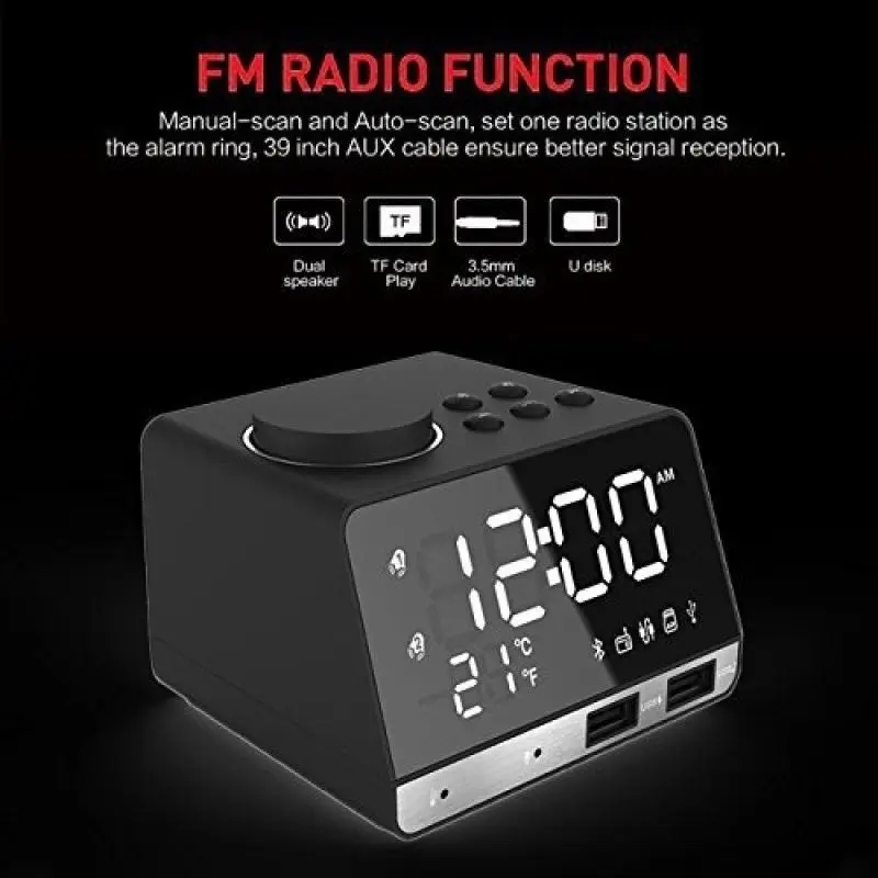 Беспроводной Bluetooth бас динамик FM радио зеркало светодиодный двойной будильник USB