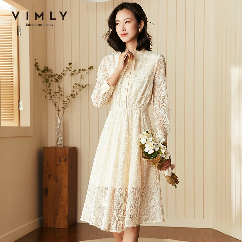 Осеннее женское платье Vimly винтажные однобортные однотонные кружевные платья с