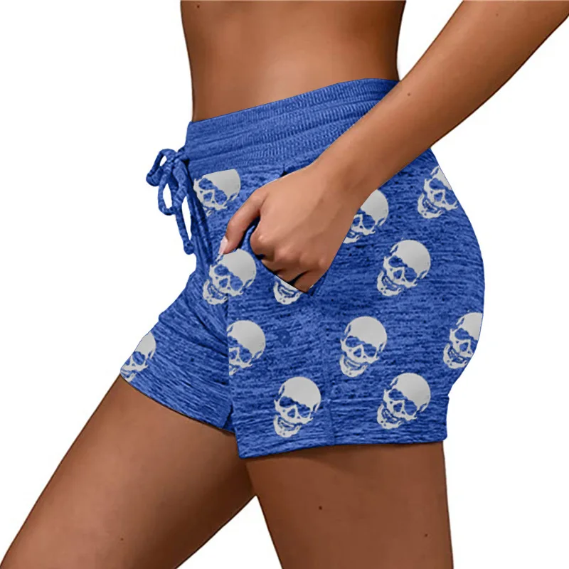 

WEPBEL Sports Shorts Women's Casual Skulls Printed Straight Shorts Summer Lace-up Mid Waist Pocket Stretch Yoga Shorts
