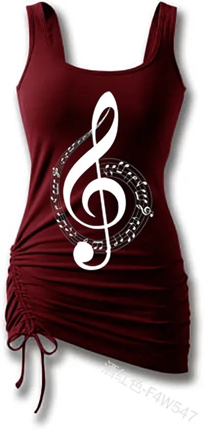 

WEPBEL Vest Women's Casual Musical Note Print Slim Vest Summer Sleeveless Pleated Lace-up Backless Square Collar Vest