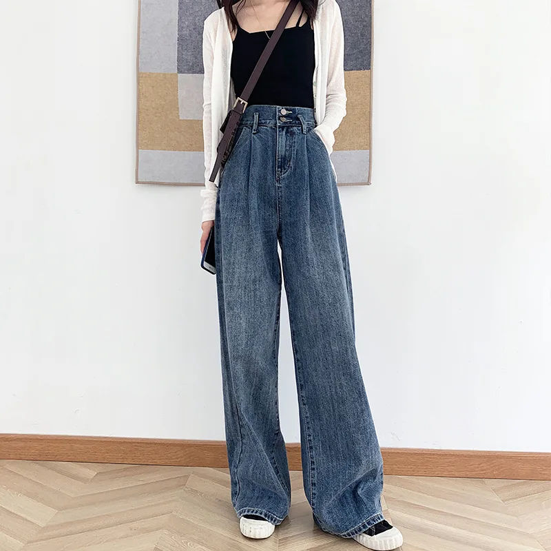 Женские джинсы с высокой талией винтажные длинные брюки широкими штанинами для