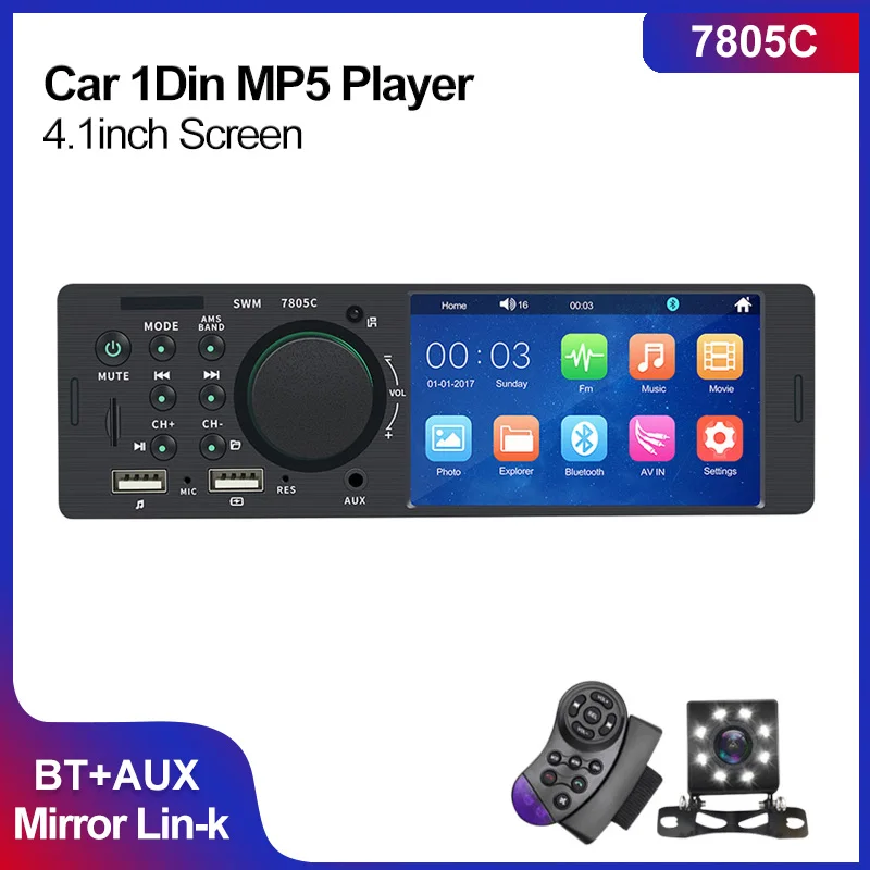 

Автомагнитола 7805C с сенсорным экраном 4,1 дюйма, 1 Din, MP5 плеер, Bluetooth, аудио, видео, TF, USB, быстрая зарядка, ISO, удаленная стереосистема, головное ус...