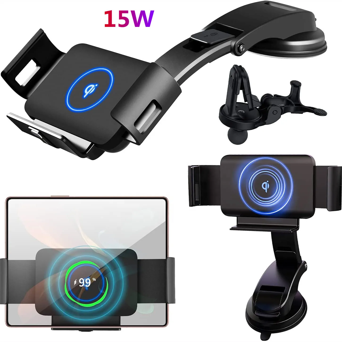 

15W Auto Clamping Qi Car Wireless Charger Phone Mount Holder for Samsung Galaxy Fold Fold2 Fold3 iPhone 13 Xiaomi Huawei Mate X