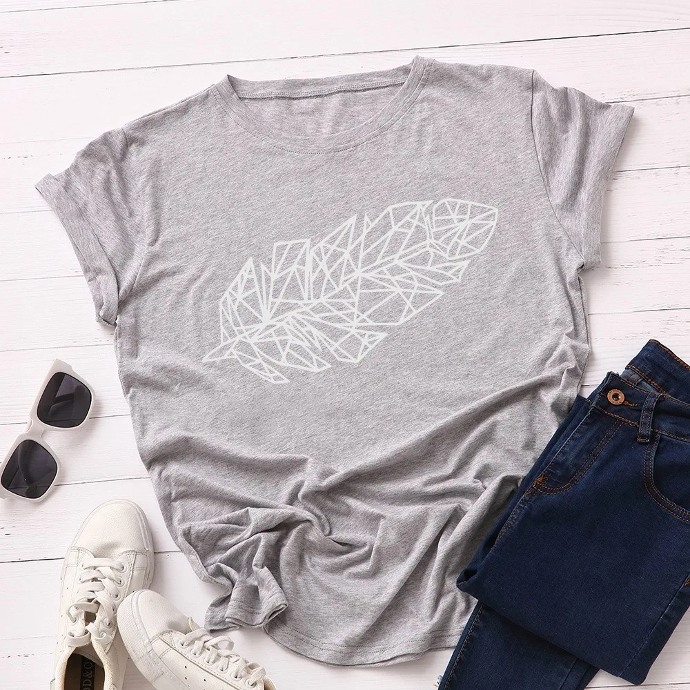 

Plus Size Women T Shirt New Feather Print T-shirts Female Short Sleeve Cotton Tees Tops Woman Summer Tshirt