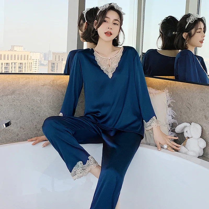 

Princess Style Pajamas Suit Summer 2PCS Sleep Set Full Slip Lace Pyjamas Pour Femme Female O-Neck Satin Home Clothes Loungewear