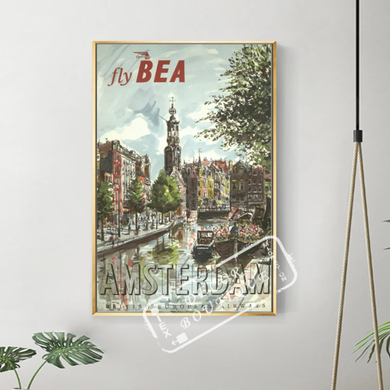Винтажный постер для путешествий в самолете BEA Amsterdam около 1954 классические