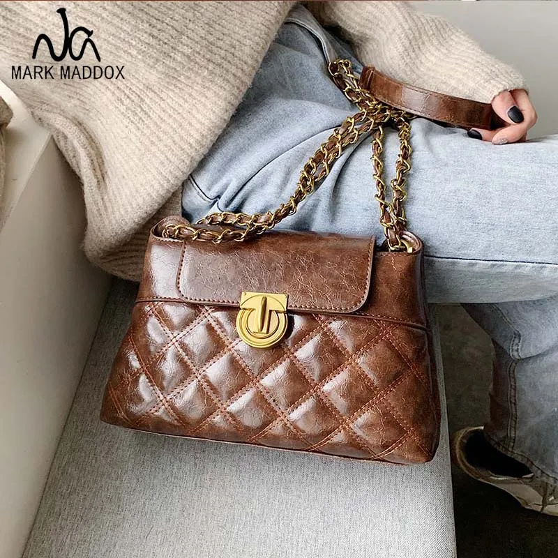 Маленькая винтажная кожаная сумка через плечо женская мессенджер с цепочкой