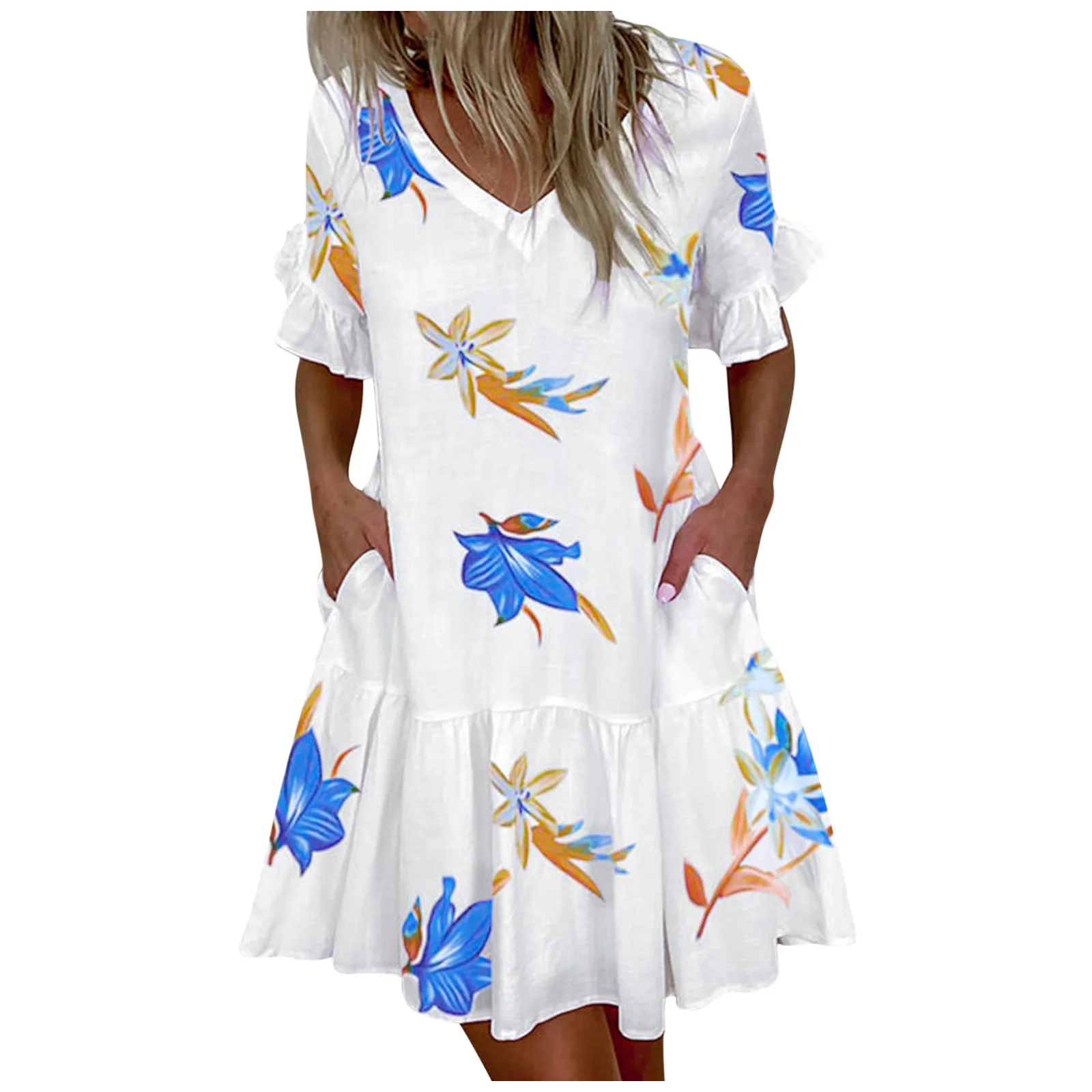 

Women's Dresses 2021 Summercasual V-neck Fashion Print Dress Woman Short Sleeve Pleated Ruffles Mini Beach Dress