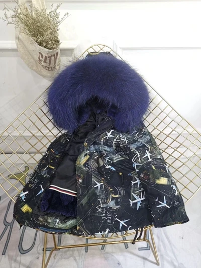 Dark Blue Fur Children Winter Jacket Graffiti Boys Girls Real Fur Coat Thick Warm Rabbit Fur Kids Jacket Coat Furry Natural Fur Collar TZ428 - Цвет: Dark Blue Fur