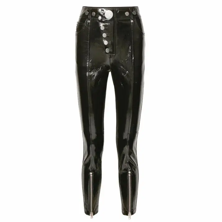

high New tide Punk style waist shiny PU trousers tight-fitting patent leather button zipper Women pencil pants