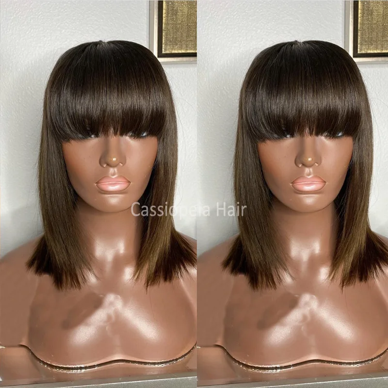 Парики из человеческих волос коричневого цвета с эффектом омбре челкой короткие