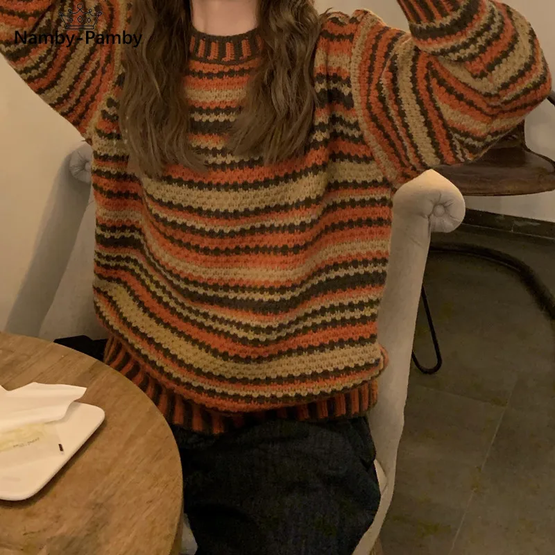 

Women's Round Neck Retro Long-Sleeved Sweater Student Tide Wear Knitted Top Korean Autumn Winter Warm Striped Pullovers ML144