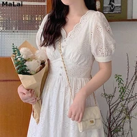 elegant basic mini dress women casual puff sleeve beach lace vintage dress 2021 female party kawaii korean style summer dress