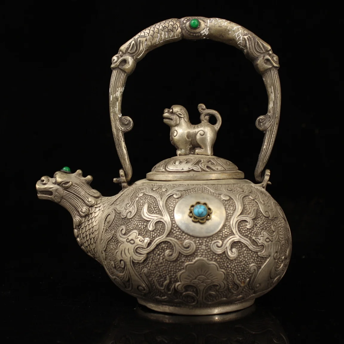 

7"Chinese temple collection Old Bronze Gilt silver mosaic Gem Beast head kettle flagon teapot Town House Exorcism