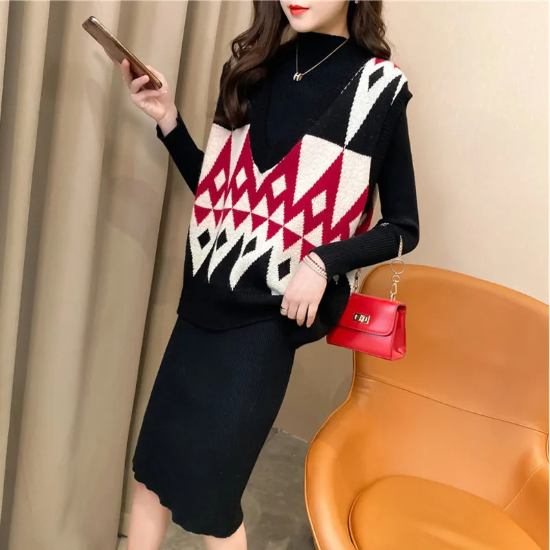 

Women Sweater Vest Spring Autumn Korean Sweet Diamond-Shaped Puttern Sleeveles Loose Oversize Waistcoat Fashion All-match Tops