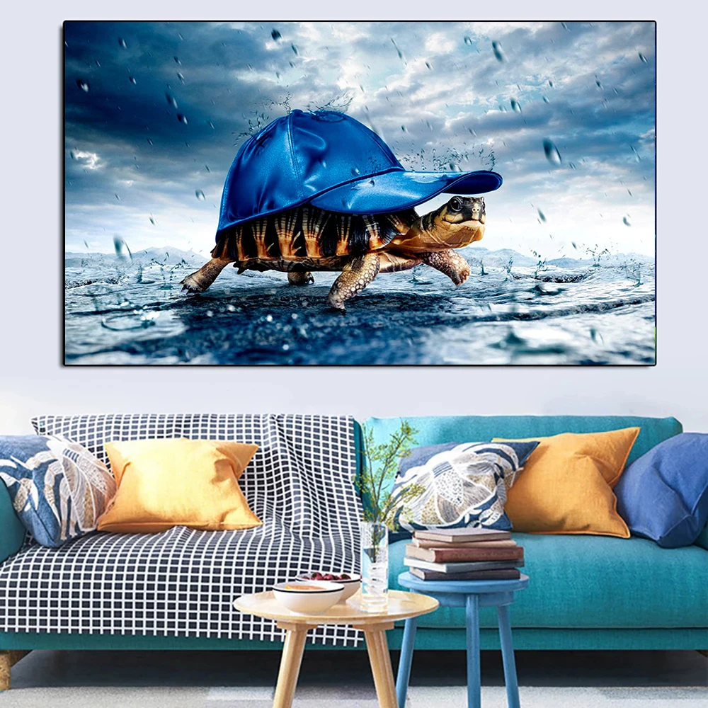 

Creative Posters Tortoise With a Hat Walking in The Rain Canvas Painting Poster Print Wall Pictures Living Room Child Room Decor