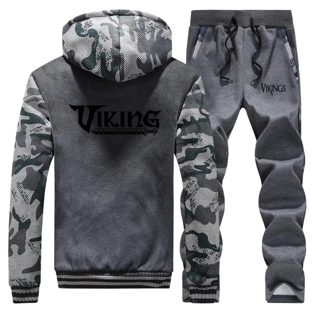 Спортивный костюм VIKINGS, теплая зимняя флисовая толстовка с капюшоном, Мужская камуфляжная куртка, Мужская куртка на молнии+ штаны, 2 шт. в комплекте, спортивный костюм, верхняя одежда
