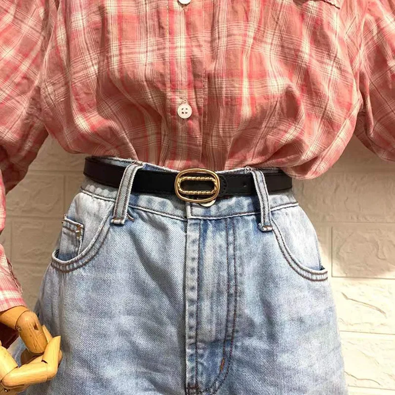 

ELEGZO Women's Leather Belt Fashion Solid Color Jeans Thin Belt Female PU Board Buckle Waistband Hot Selling