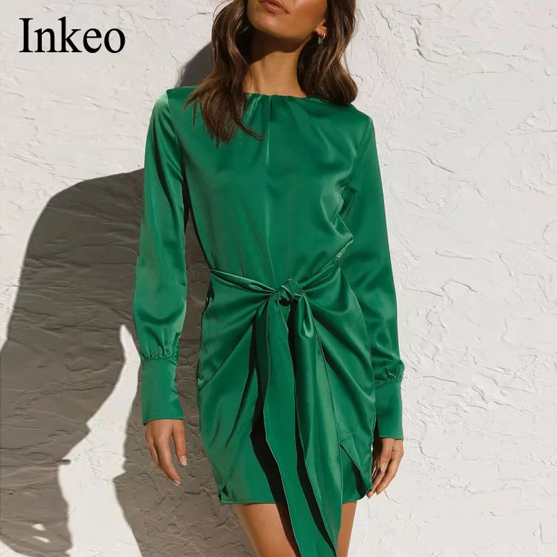 

Fashion Lace up Bow Female Dress Spring Summer Sexy Lantern sleeve O-neck Women Satin Mini dress Club Party Vestidos INKEO 1D104