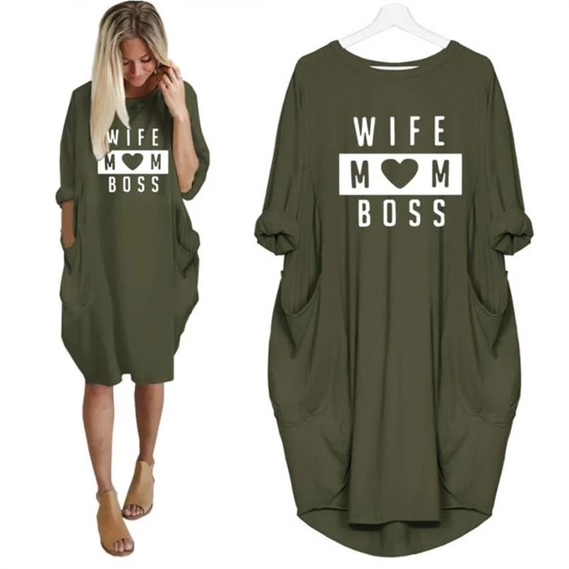 Для женщин с карманом Пуловер Платья жены мама буквенным принтом платье Harajuku