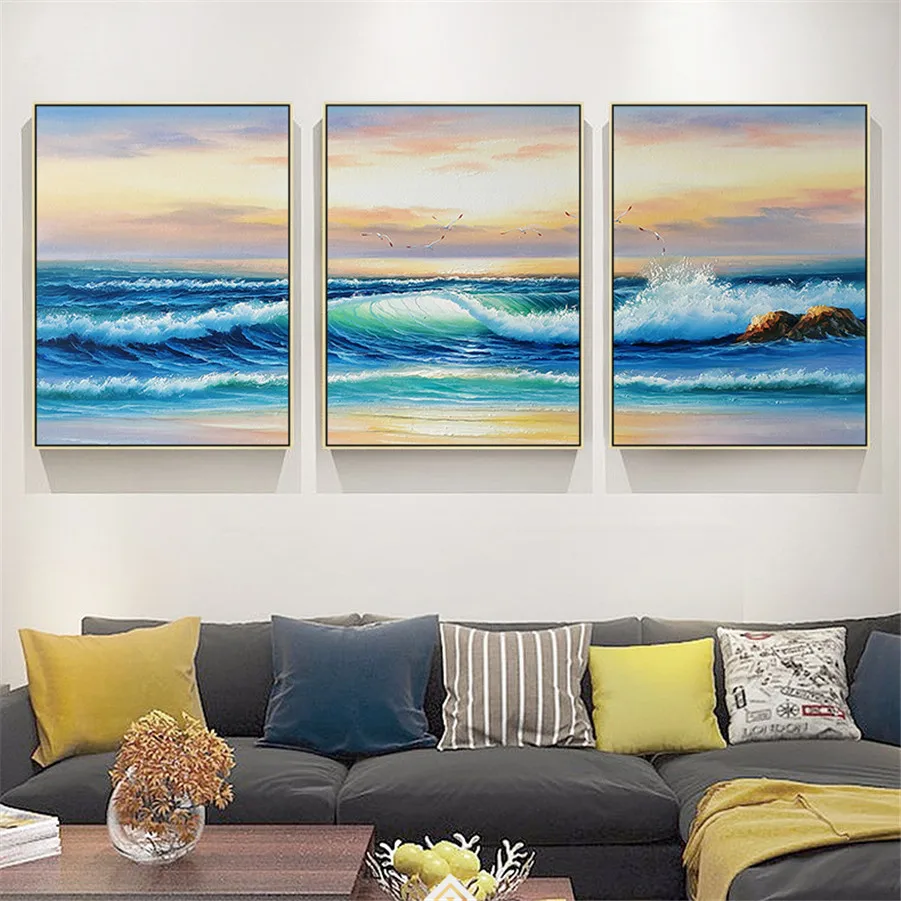 

100% hand-painted beach sunrise oil on canvas large blue seascape oil painting wave picture for home living room decor wall art