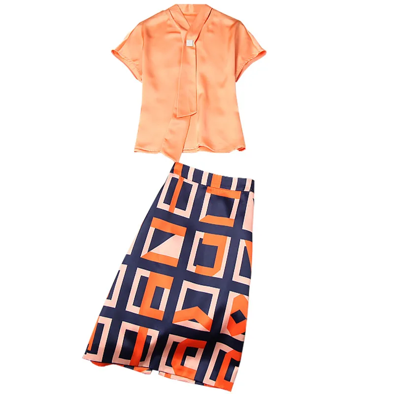 

Runway Fashion Summer Luxury Suit Women Vintage Short Sleeve Shirt Top+High Waist Print Split Knee Length Skirt 2 Piece Set
